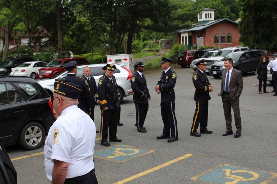 Amherst public safety personnel gathered outside the VFW before the Memorial Day ceremony began. Diane Lederman/The Republican